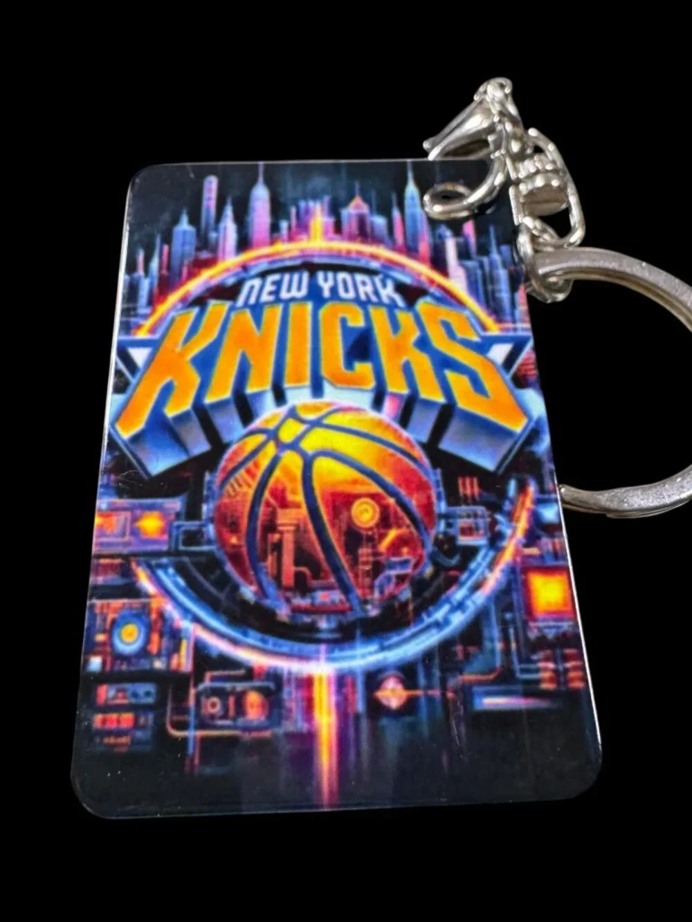 New York Knicks Keychain, Metal, Neon City Skyline Graphic, Lobster Clasp with S
